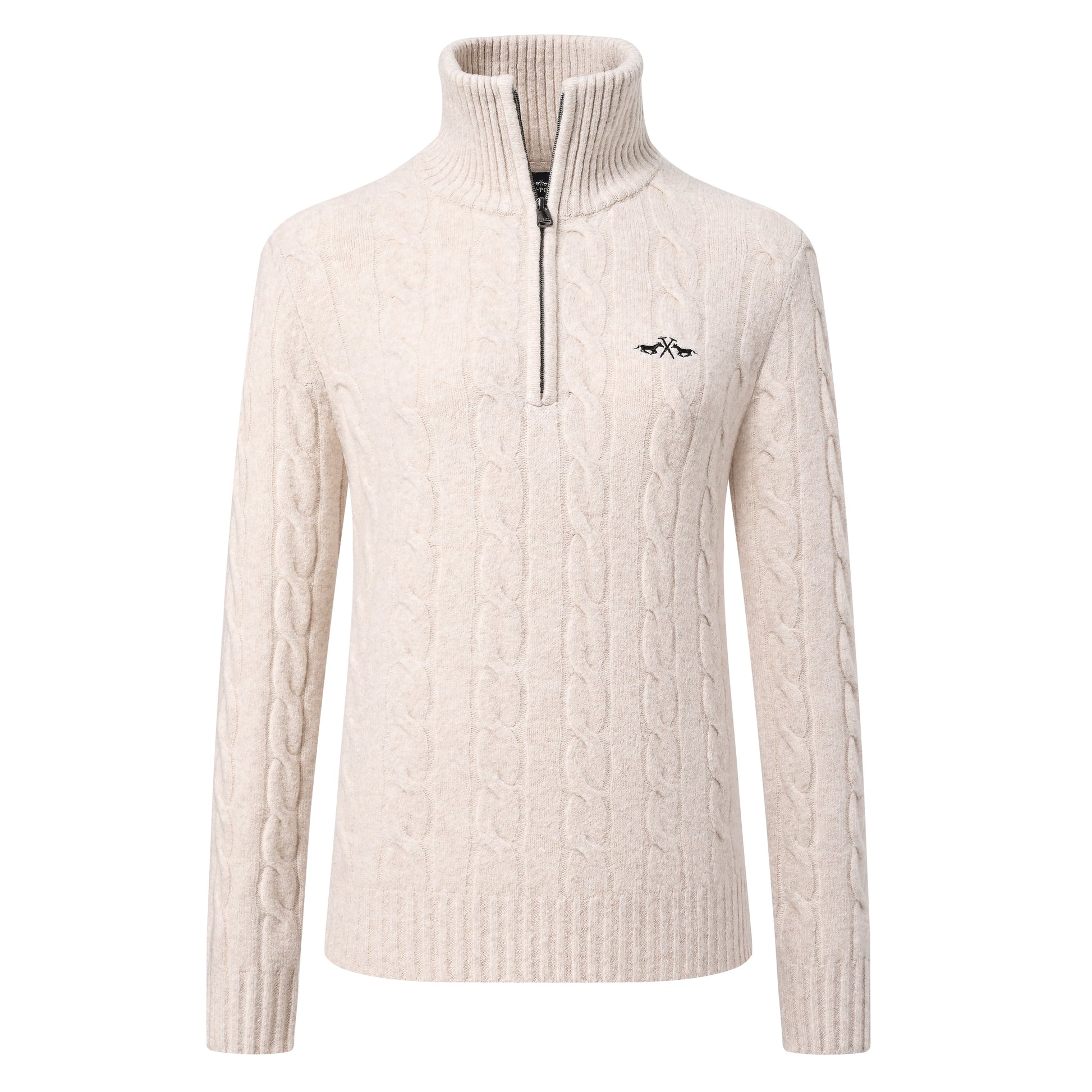 Luxe Hvp-Dunya pullover met kabelbreisel, halve rits en hoge kraag. Elegant, warm en functioneel met lurex borduursels en slanke pasvorm.