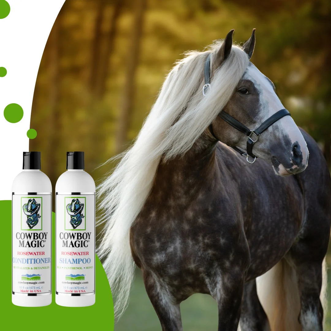 Cowboy Magic Shampoo & Conditioner Set 946 ml – Verzorgingsbundel voor Paard, Hond & Mens. Deze set Cowboy Magic is verkrijgbaar bij Livin Horse hop, dealer van Cowboy Magic. Frontaanzicht producten van cowboy magic voor paard en pony