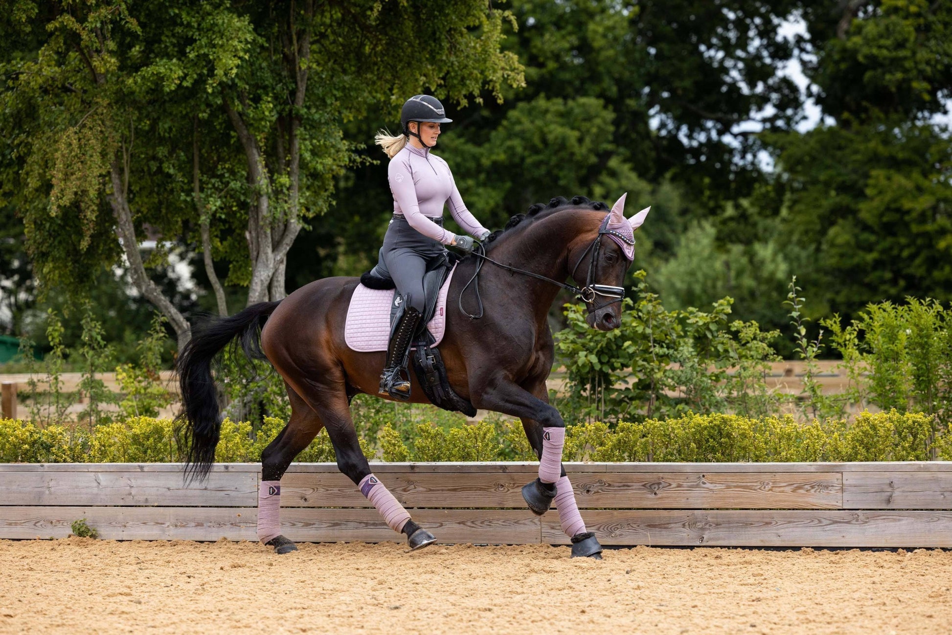 LeMieux zadeldekje Dressage Suede Square Musk. Dit LeMieux Zadeldekje voor paard en pony is verkrijgbaar bij Livin Horse Shop. Dealer van LeMieux. Zijaanzicht dressuur LeMieux Zadeldekje Musk