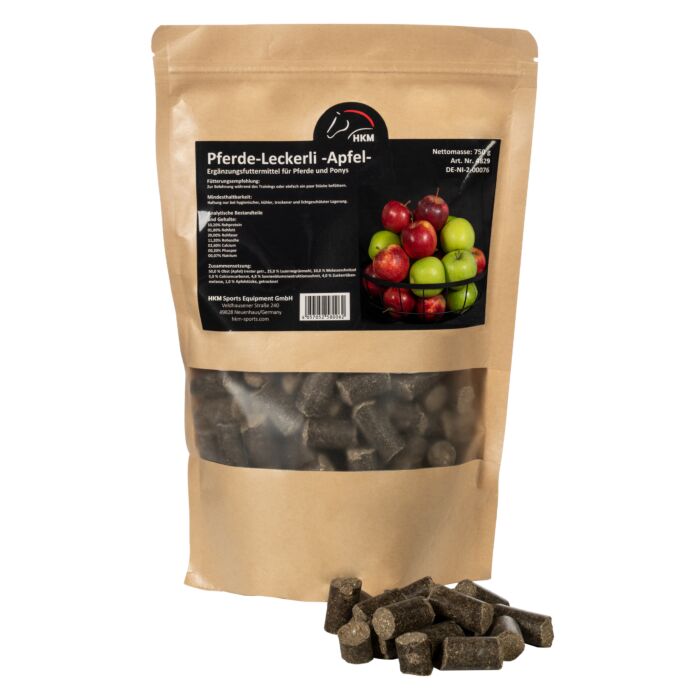 HKM Sports Paardensnoepjes Appel 750 gram. Verwen je paard met HKM Sports Paardensnoepjes Appel, 750 gram. Heerlijk natuurlijk paardensnoep in handige papieren zak, ideaal als beloning tijdens training of dagelijks.