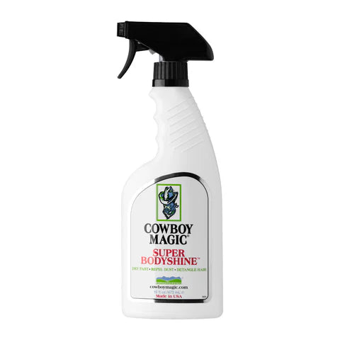Cowboy Magic Super Bodyshine 437 ml – Glansspray voor Paardenvacht. Cowboy Mgic is verkrijgbaar bij livin horse shop, dealer van cowboy magic