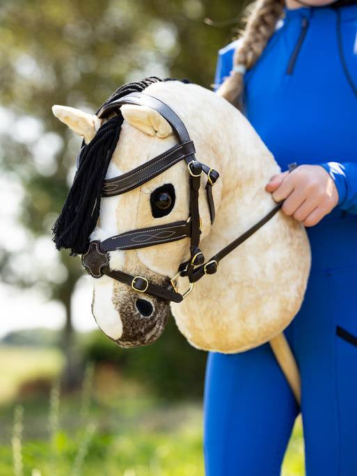 LeMieux Stokpaardje Dream – Valkkleurige Hobby Horse met Vlechtbare Manen. Dit stokpaarde hobby horse is verkrijgbaar bij livin horse sop, dealer van LeMieux. Frontaanzicht dream stokpaardje met ruiter