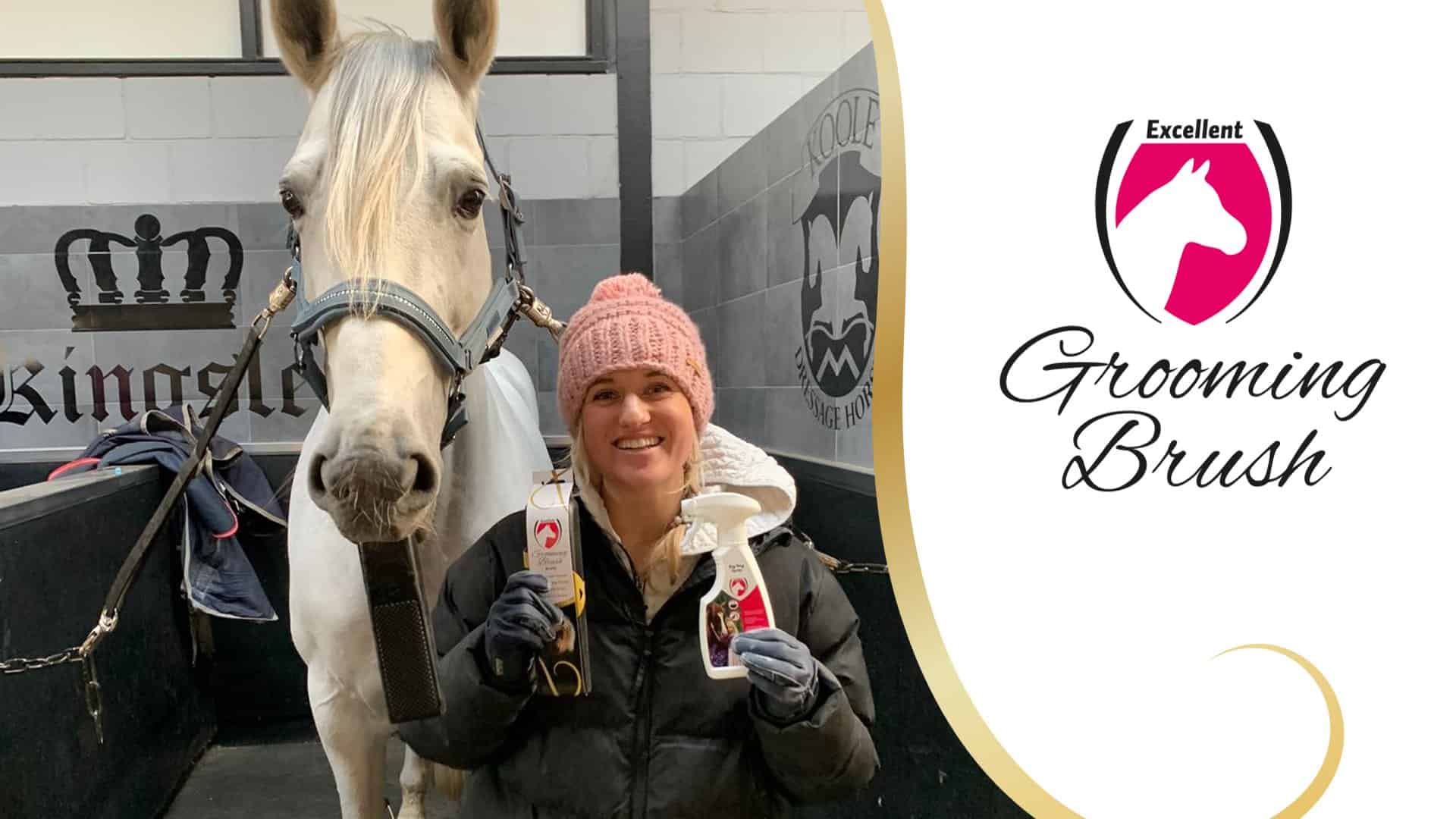 Excellent Grooming Brush – Multifunctionele Borstel voor Paard. Deze bijzondere borstel voor paard en pony is verkrijgbaar bij livin horse shop. Grooming brush, foto met Brit