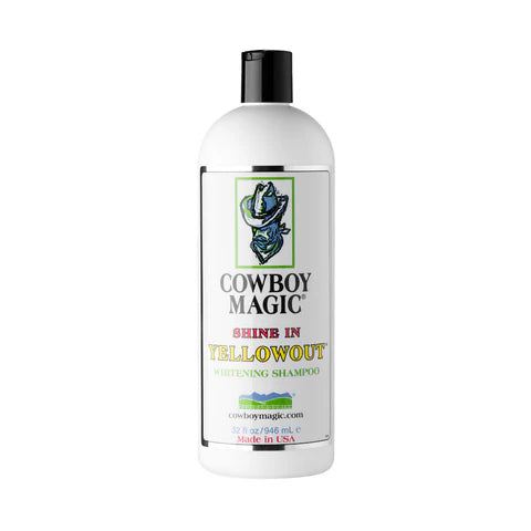Cowboy Magic Shine In YellowOut 946 ml – Diepreinigende Shampoo voor Witte en Gevoelige Vachten. De cowboy is veerkijgbaar bij livin horse shop, dealer van cowboy magic