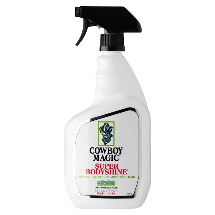 Cowboy Magic Super Bodyshine 946 ml – Glansspray voor Paarden. Cwboy magic is verkrijgbaar bij livin horse shop, dealer van cowoy magic. Frontaanzicht cowboy magic Super Bodyshine