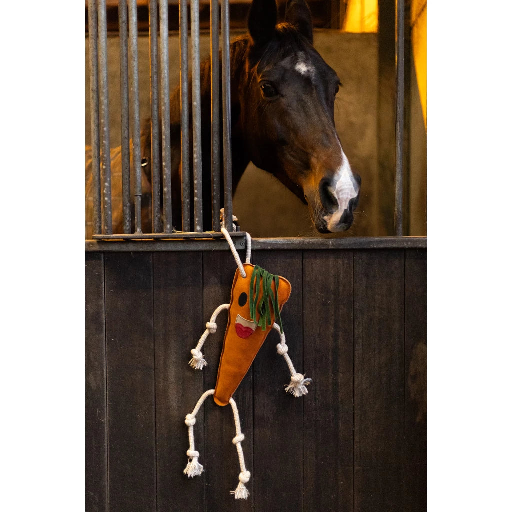 De Excellent Horse Foodie Friends Carrot helpt paarden tegen verveling. Veilig en duurzaam speelgoed van leer en touw, gevuld met jute – perfect voor in de stal of trailer! Leverbaar bij Livin Horse Shop.