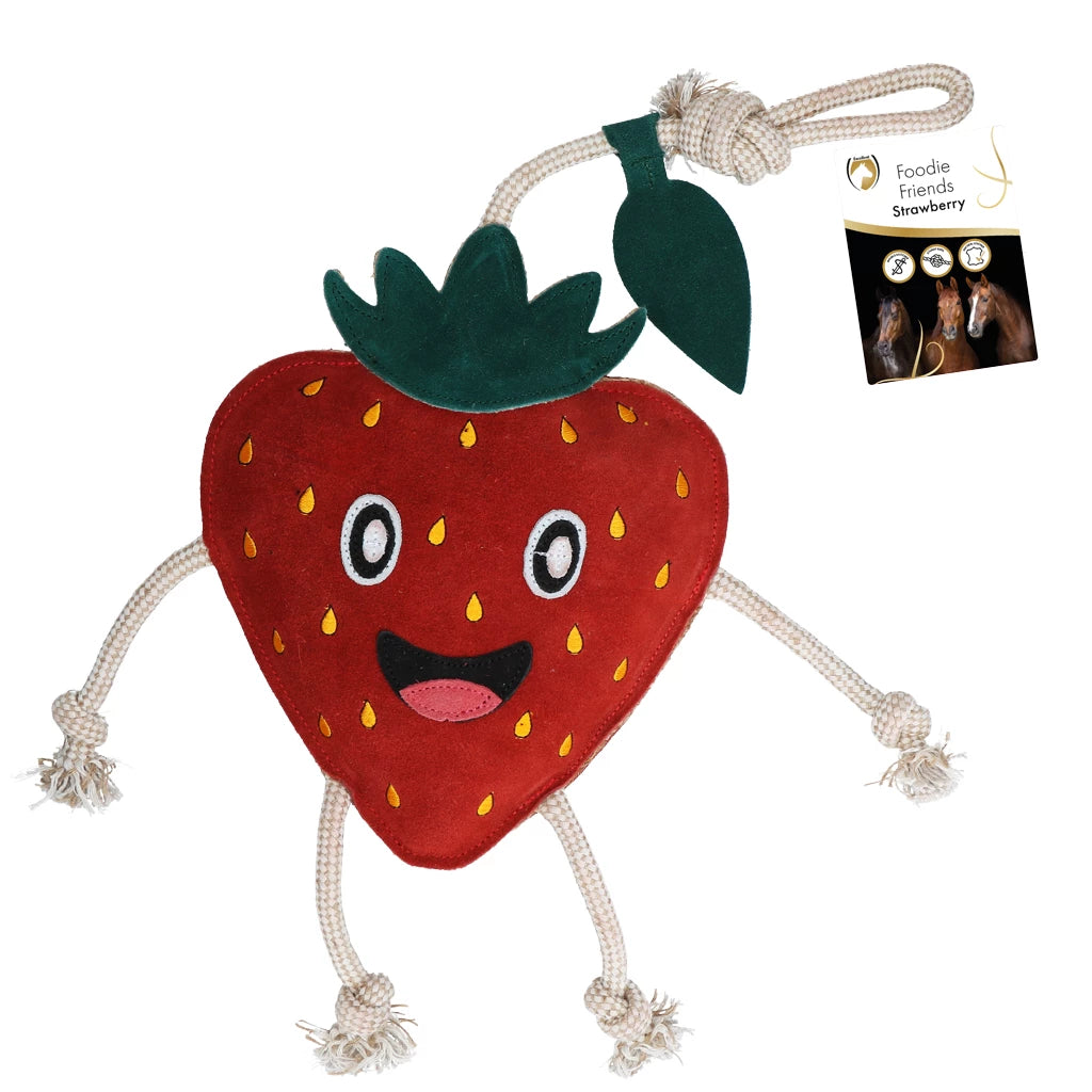 Excellent Horse Foodie Friends Strawberry. Voorkom verveling in de stal met de Excellent Horse Foodie Friends Strawberry. Duurzaam paardenspeelgoed van leer en touw, met kraakgeluid voor extra stimulatie!