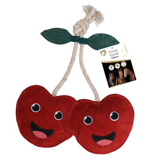 Excellent Horse Foodie Friends Cherry. Voorkom verveling bij je paard met de Excellent Horse Foodie Friends Cherry! Duurzaam paardenspeelgoed met kraakgeluid, gemaakt van leer en touw. Ideaal voor stal of trailer.