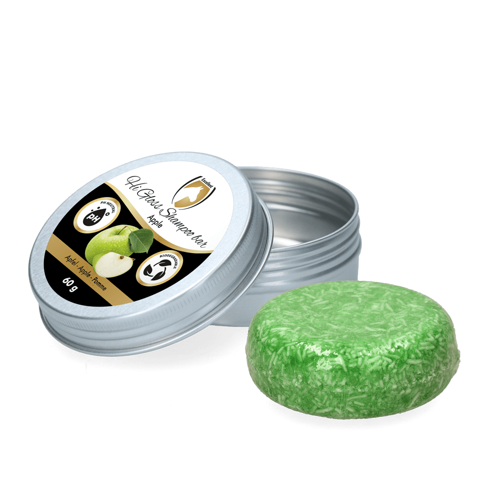 Excellent Paardenshampoo Bar Apple – Duurzaam & Verzorgend. Verzorgingsproducten voor paard en pony zijn verkrijgbaar bij Livin Horse Shop. Frontaanzicht xcellent Paardenshampoo Bar Apple