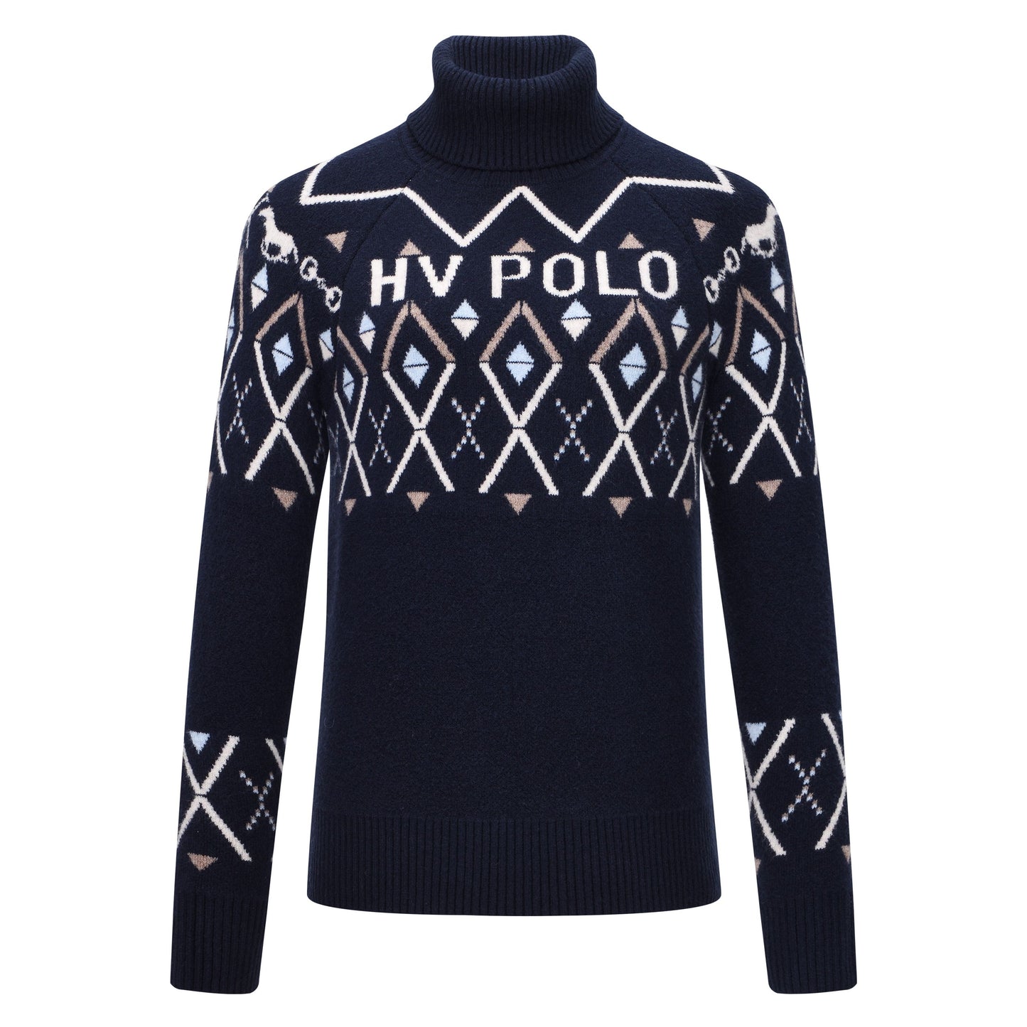 HV Polo Dorian pullover met luxe jacquard breisel en turtle-hals. Comfortabel, stijlvol en warm met uniek paardenbit-detail en kleurrijk patroon.