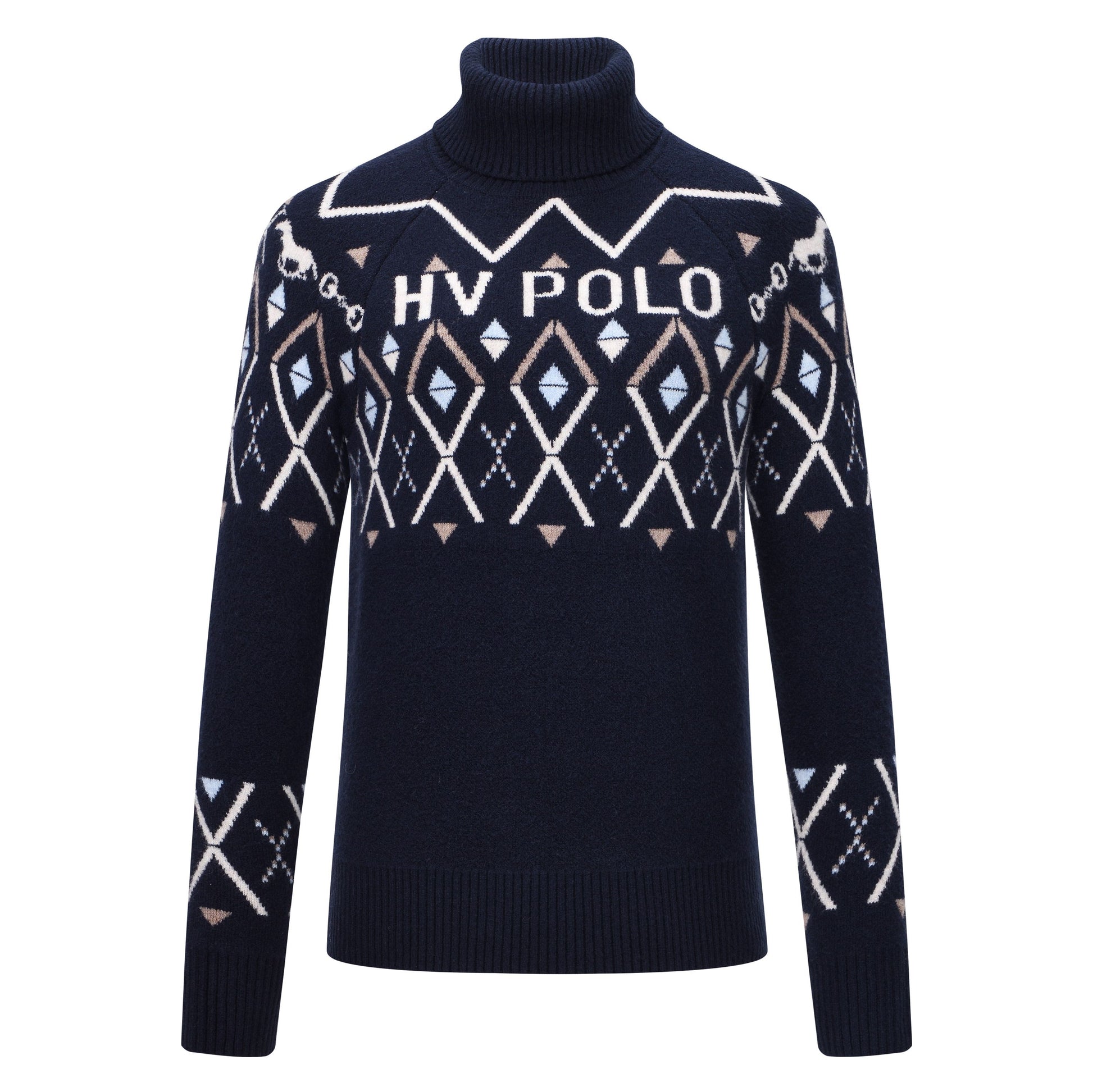 HV Polo Dorian pullover met luxe jacquard breisel en turtle-hals. Comfortabel, stijlvol en warm met uniek paardenbit-detail en kleurrijk patroon.