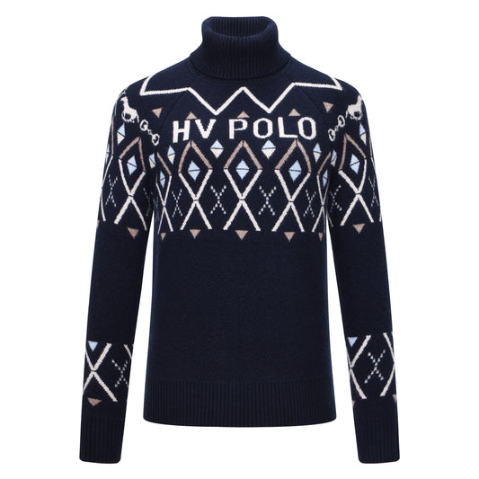 HV Polo Dorian pullover met luxe jacquard breisel en turtle-hals. Comfortabel, stijlvol en warm met uniek paardenbit-detail en kleurrijk patroon.