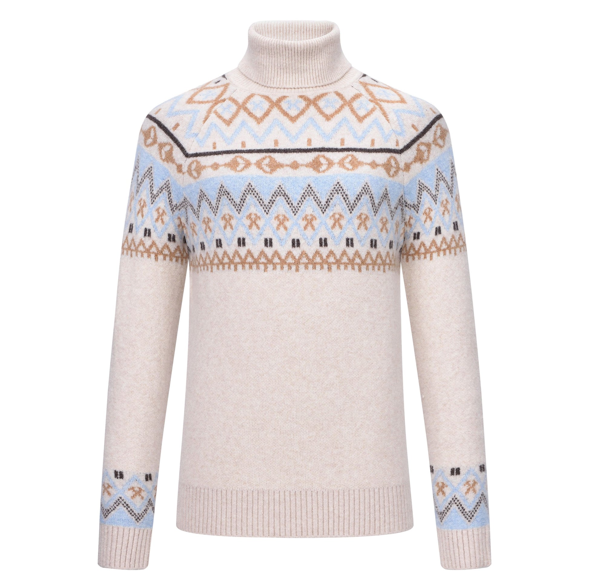 HV Polo Dyanne Pullover met luxueus jacquard breisel en kleurrijk patroon. Warme coltrui met stijlvol paardenlogo. Comfortabel en modieus voor ruiters. Verkrijgbaar bij Livin Horse Shop