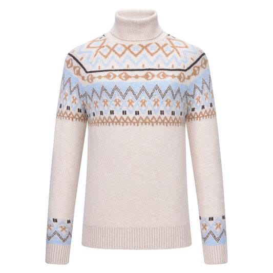 HV Polo Dyanne Pullover met luxueus jacquard breisel en kleurrijk patroon. Warme coltrui met stijlvol paardenlogo. Comfortabel en modieus voor ruiters. Verkrijgbaar bij Livin Horse Shop