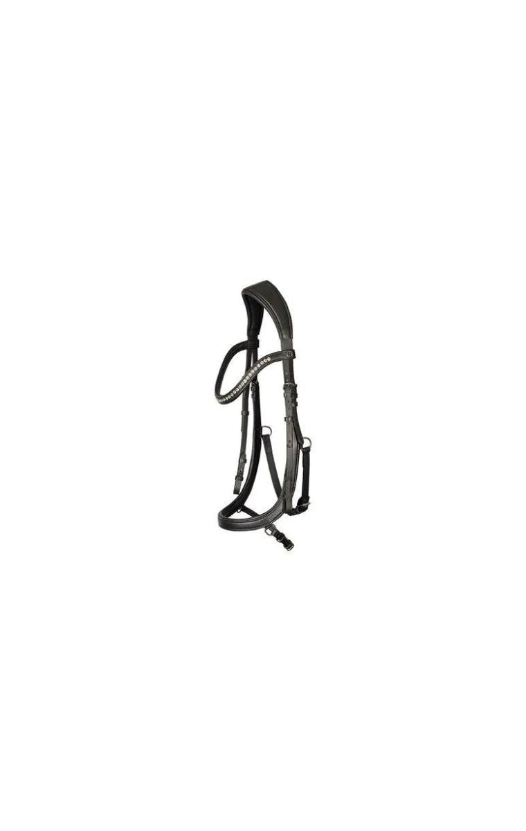 Luxe anatomisch hoofdstel van zwart leder met kristallen frontriem van Harry’s Horse. Extra zacht voor comfort en prestaties. Inclusief webband teugels.De hoofdstellen voor paard en pony zijn verkrijgbaar bij Livin Horse Shop! Detail hoofdstel