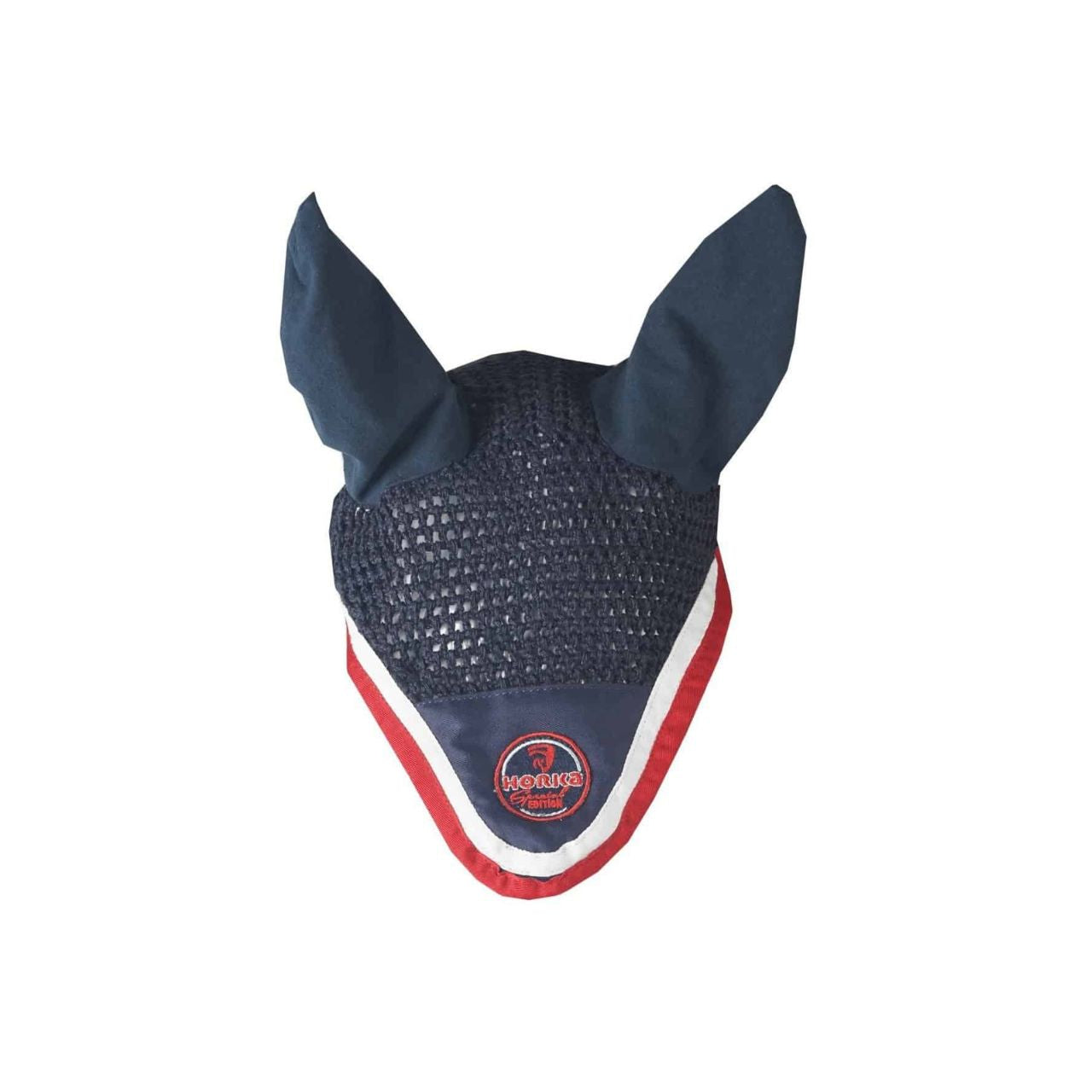 Stijlvol Horka oornetje Dutch Design – beschermt tegen vliegen & geluid, met lange voorkant, rekbare oren en speciale badge. Nu bij Livin Horse Shop!