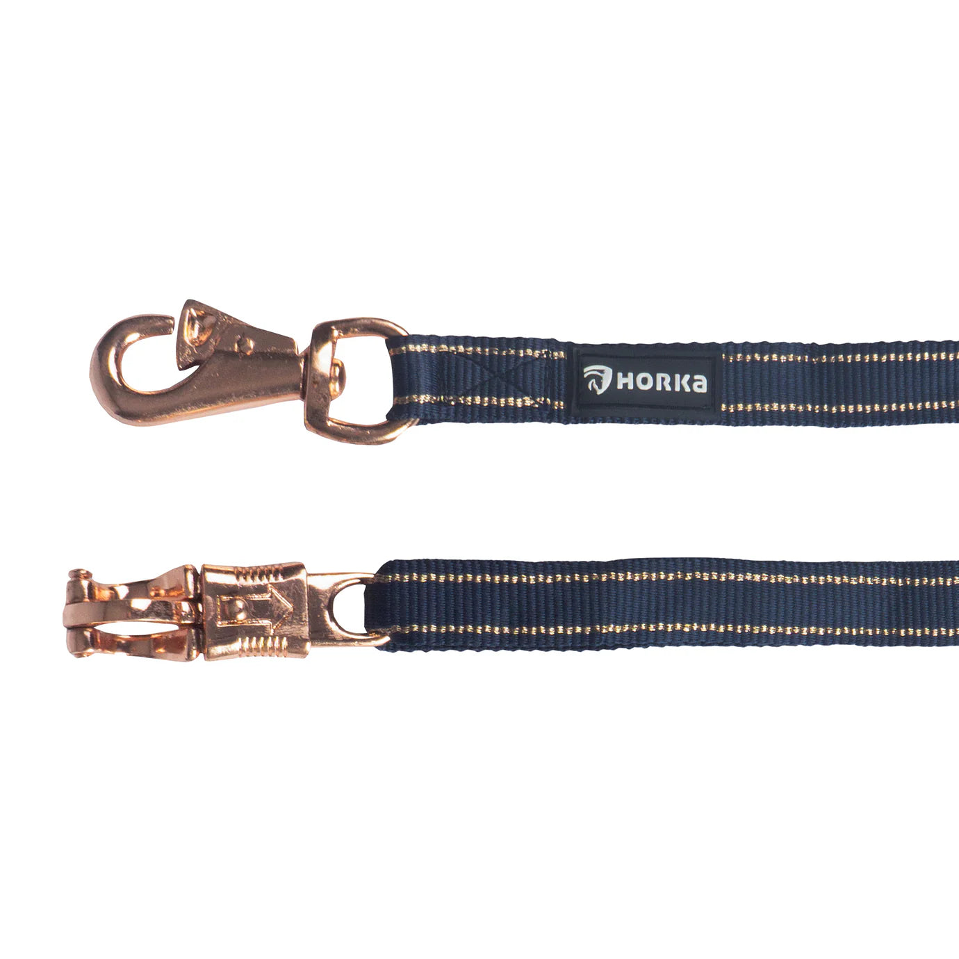 Sterke blauwe trailerlijn voor paarden. Verstelbaar 80–120 cm, 25 mm breed, met paniekhaak en musketon. Ideaal voor trailer, wasplaats en poetsplaats.