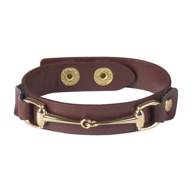 Stoere kunstlederen armband met metalen bit. Verstelbaar met drukknopen. Perfect cadeau voor iedere paardenliefhebber. Verkrijgbaar bij Livin Horse Shop!