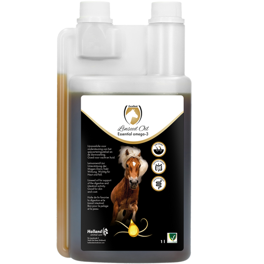 lijnzaadolie paard. Excellent Lijnzaadolie 1 liter ondersteunt darmfunctie, spijsvertering en vachtverzorging. 100% koudgeperst lijnzaad. Verkrijgbaar bij Livin Horse Shop!