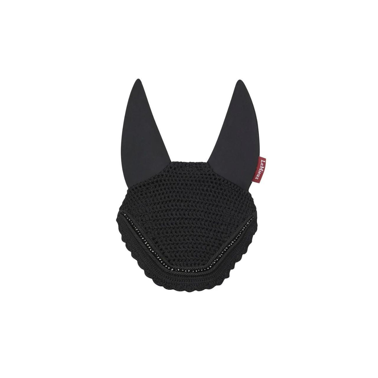 LeMieux Acoustic Pro Fly Hood Black Medium – geluidsdempende vliegenmuts met luxe PU lederen paneel, verkrijgbaar bij Livin Horse Shop, officiële dealer van LeMieux.