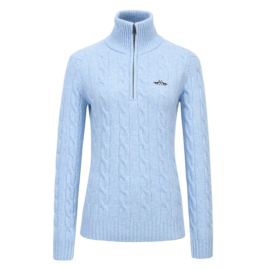 Luxe HV Polo -Dunya pullover met kabelbreisel, halve rits en hoge kraag. Elegant, warm en functioneel met lurex borduursels en slanke pasvorm.