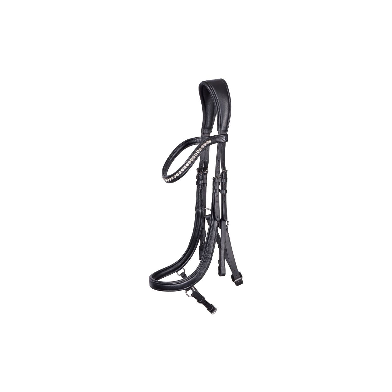 Luxe anatomisch hoofdstel van zwart leder met kristallen frontriem van Harry’s Horse. Extra zacht voor comfort en prestaties. Inclusief webband teugels.De hoofdstellen voor paard en pony zijn verkrijgbaar bij Livin Horse Shop!