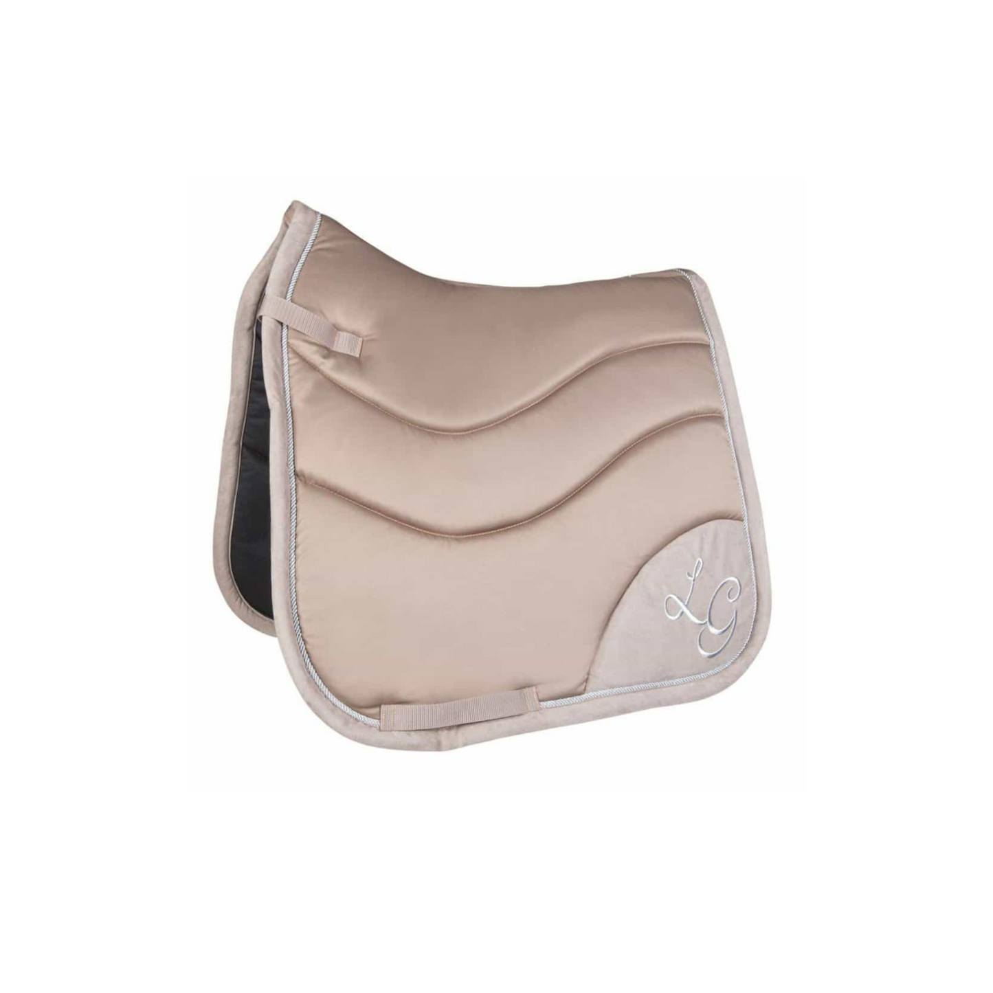 HKM Sports Zadeldekje Lauria Garelli Classic taupe. Dit HLM Zadeldekje is verkirjgbaar bij Livin Horse Shop. Frontaanzich zadeldek HKM Sports Taupe