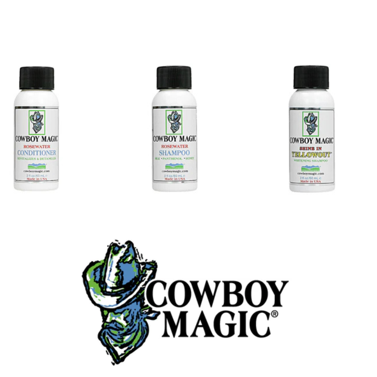 Cowboy Magic Try Out Set 3x60 ml – Proefpakket Shampoo & Conditioner. Cowboy Magic is verkrijgbaar bij livin horse shop, dealer van cowboy magic. FRONTAANZICHT cowboy magic