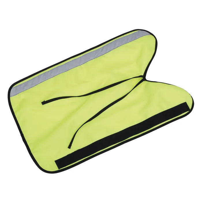 Signaalgele reflex staartbeschermer met reflecterende strepen en fleece-voering. Verstelbaar met klittenband voor een comfortabele en veilige pasvorm.