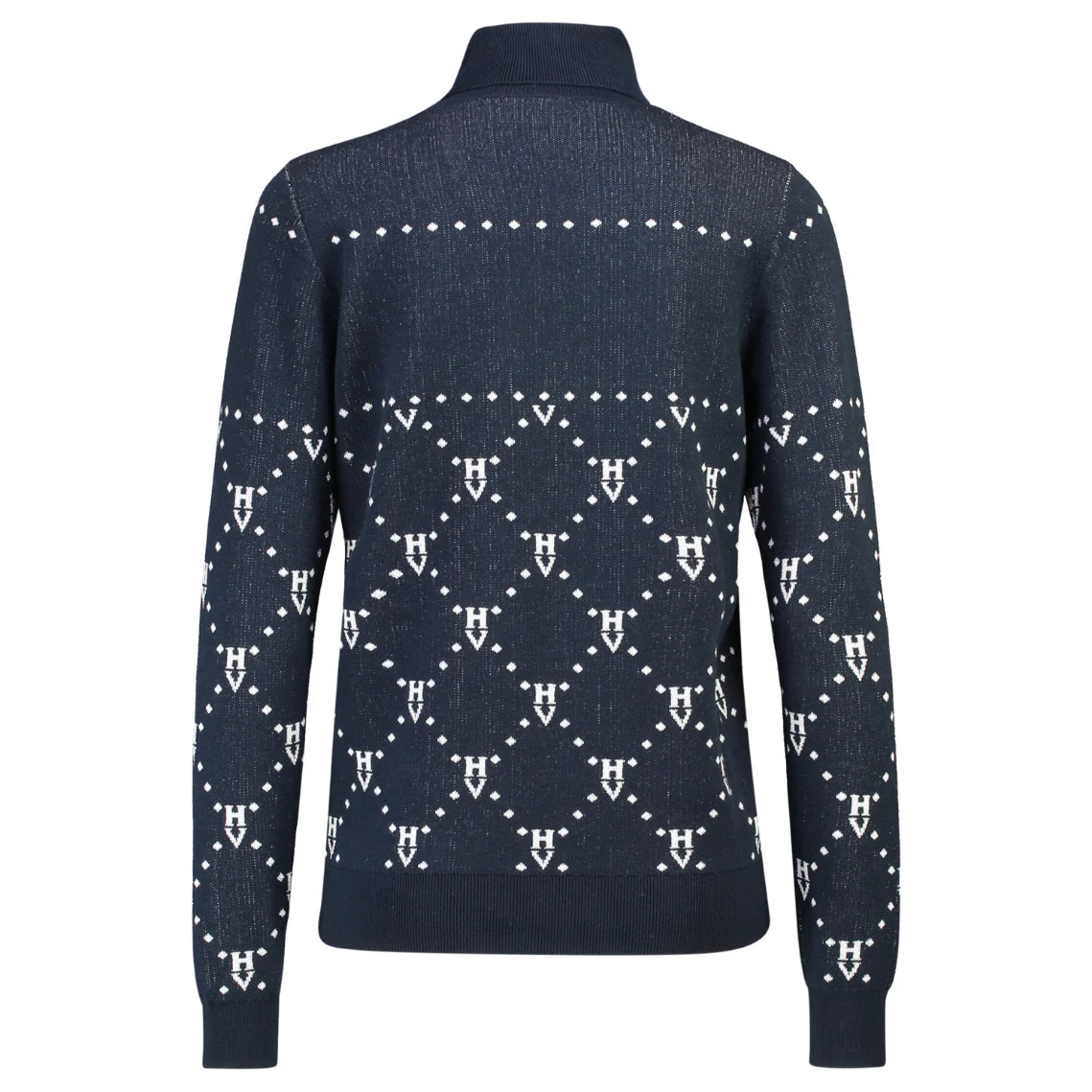 Warme coltrui HVP Cecile van HV Polo in blauw. Zachte jacquard trui met glinsterende lurex en logo. Luxe winterstijl voor ruiter en dagelijks gebruik.