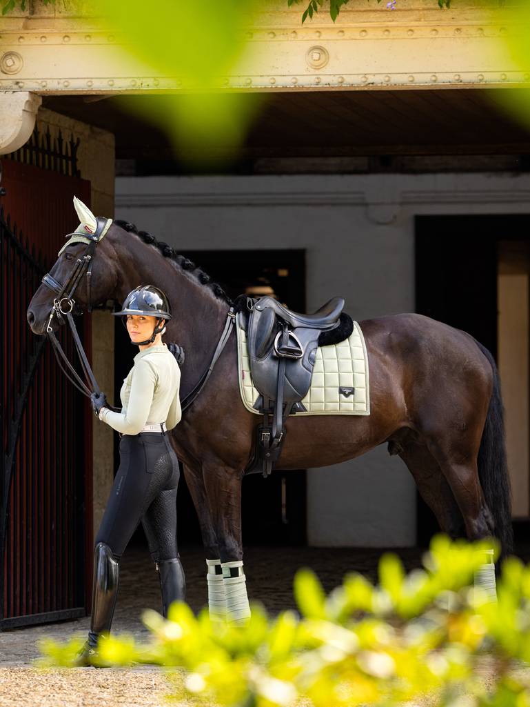 Lemieux Zadeldekje Loire Classic Dressage Square Fern. Dit LeMieux Zadeldek is verkrijgbaar bij Livin Horse Shop, dealer van LeMieux. Frontaanzicht paard en LeMieux Zadeldekje Loire Fern