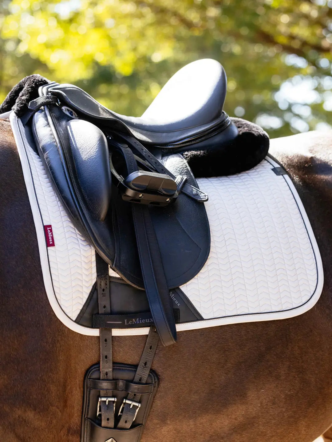 eMieux Zadeldekje Essence Dressage Square Stone. Dit LeMieux Zadeldekje is verkrijgbaar bij Livin Horse Shop. Zijaanzicht LeMieux Zadeldek op paard - zadeldekje - zadeldekje voor paard en pony