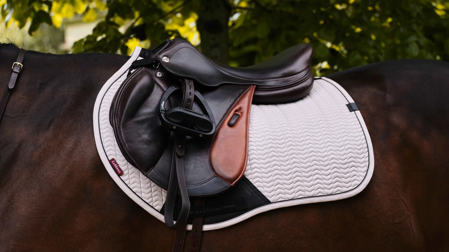 LeMieux Zadeldekje Essence Eurojump Square Stone. Dit nieuwe LeMikeux Zadeldekje is verkijgbaar bij Livin Horse Shop. Frontaanzicht LeMieux Zadeldekje Stone op paard