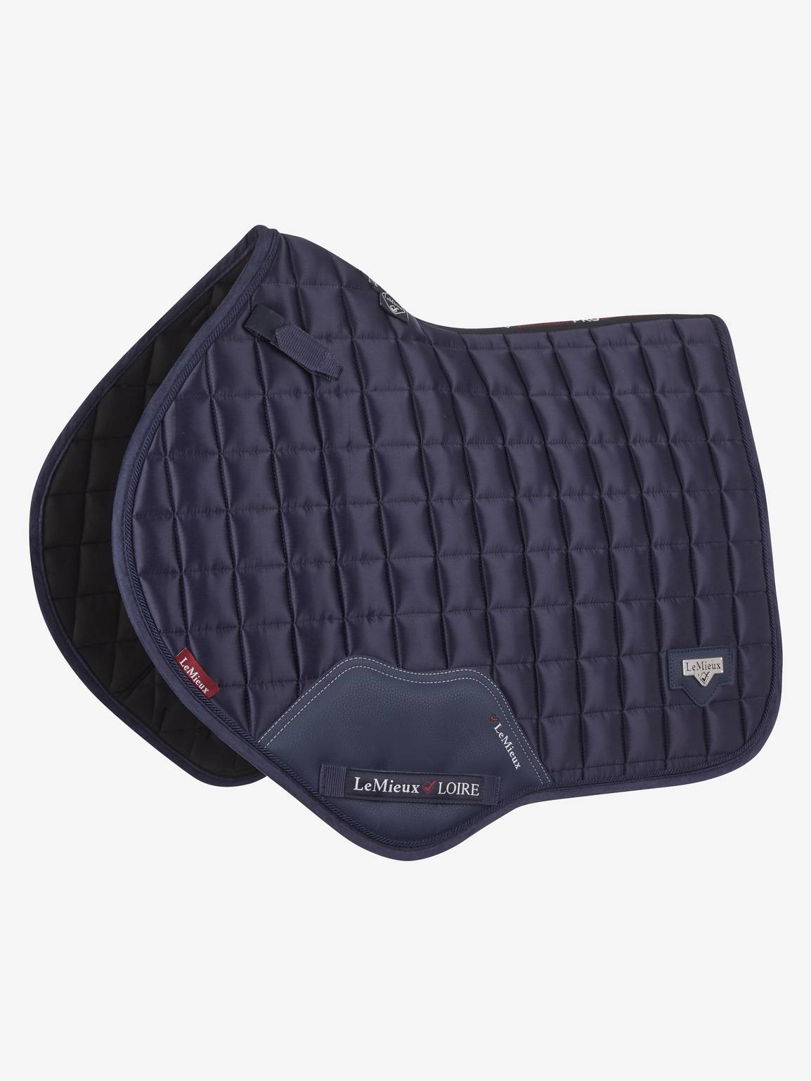Lemieux Loire Classic Close Contact Square Navy. Dit LeMieux Zadeldekje is verkrijgbaar bij Livin Horse Shop. Frontaanzicht LeMieux Zadeldek.