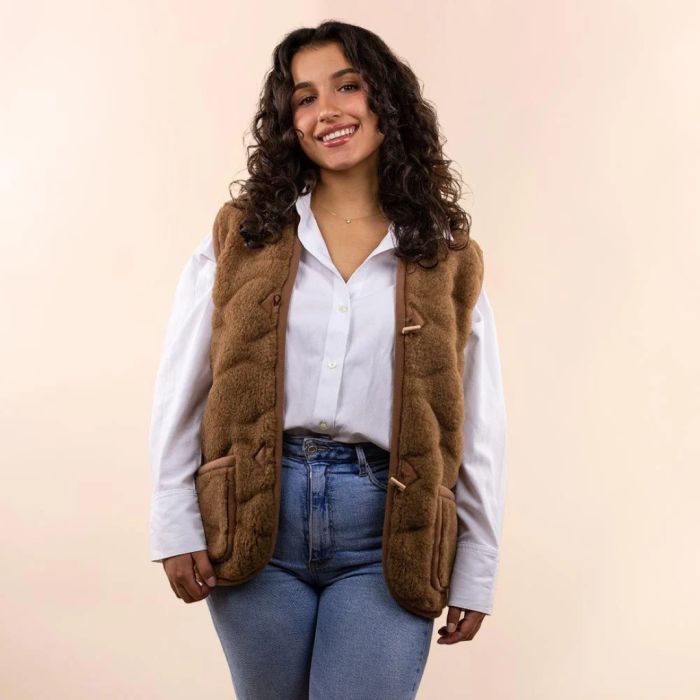 Moonrise Wollen Dames Vest 3D Print – Luxe 100% Merino Wol met Houten Knopen & Zakken