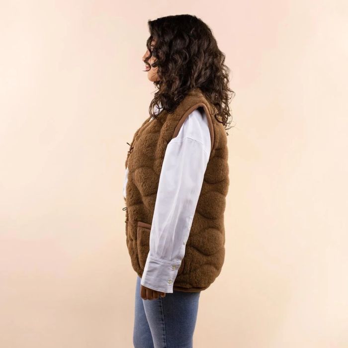 Moonrise Wollen Dames Vest 3D Print – Luxe 100% Merino Wol met Houten Knopen & Zakken