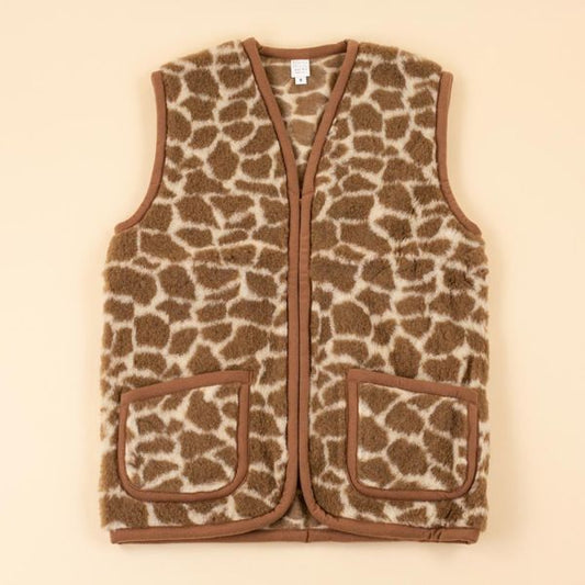Moonrise wollen dames vest Giraffe – Luxe 100% merinowol met houten knopen en zakken. Zachte, warme en stijlvolle look met tijdloze dierenprint.