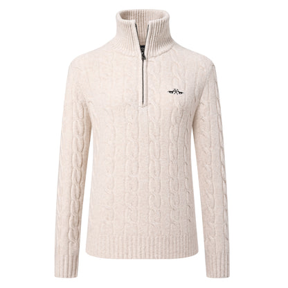 Luxe Hvp-Dunya pullover met kabelbreisel, halve rits en hoge kraag. Elegant, warm en functioneel met lurex borduursels en slanke pasvorm.