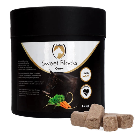 Excellent Horse Sweet Blocks Carrot 1,2 kg: smakelijke, suikerarme paardensnoepjes met wortelsmaak. Stevige brokken, niet kruimelend ✓ Bestel nu online!