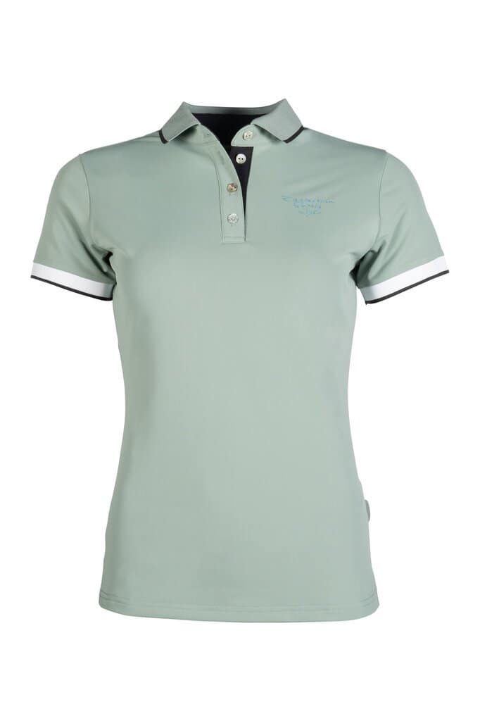 HKM Sports Poloshirt Harbour Island in lichtgroen met getailleerde pasvorm, sportieve kraag en holografische print. Comfortabel en stijlvol voor paardrijden.