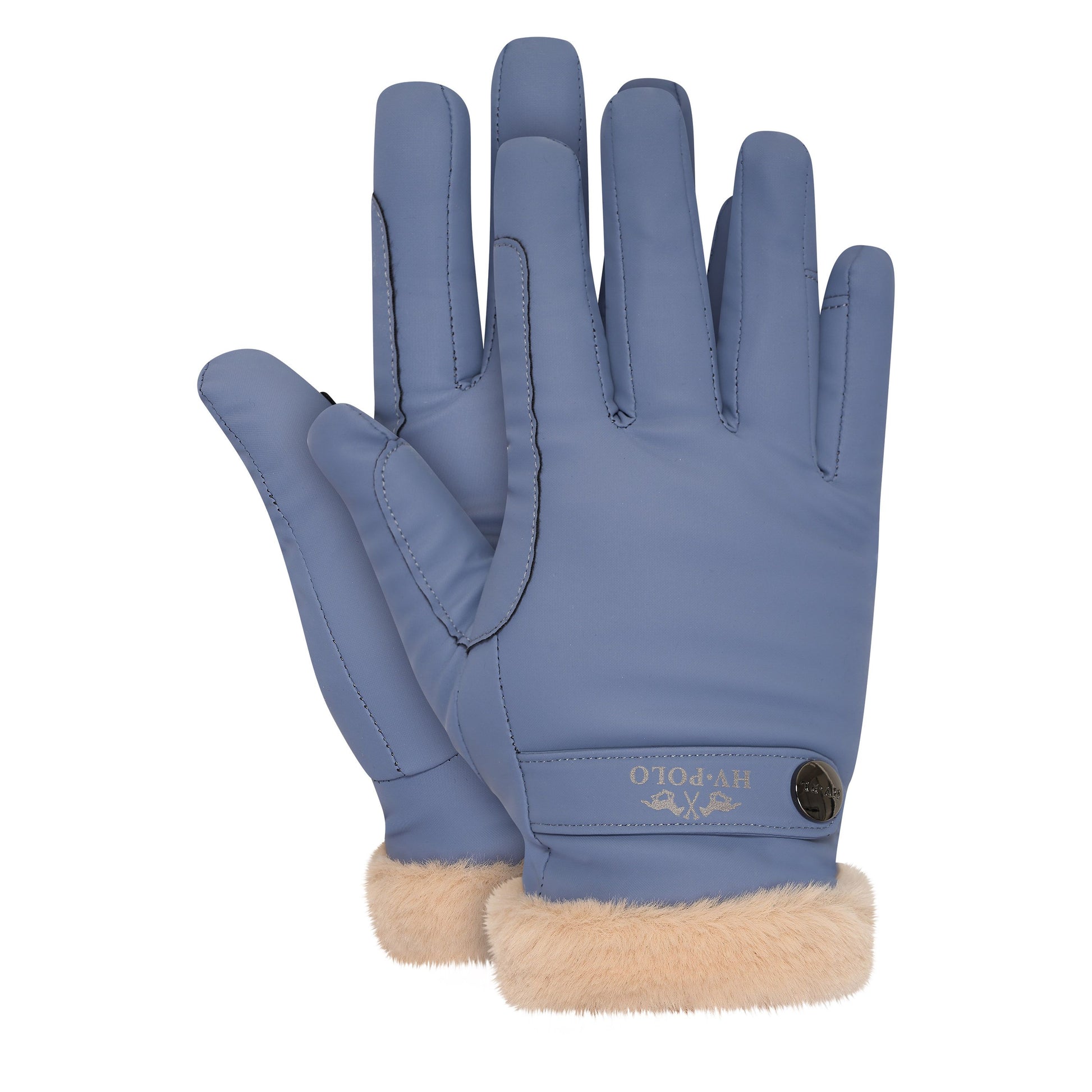 HVP-Garnet Handschoenen in Ice Blue met waterafstotende buitenlaag en zachte faux-fur voering. Elegant HV POLO metalen detail. Ideaal voor buitenritten, stalwerk en koud weer.