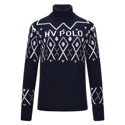 HV Polo Dorian pullover met luxe jacquard breisel en turtle-hals. Comfortabel, stijlvol en warm met uniek paardenbit-detail en kleurrijk patroon.