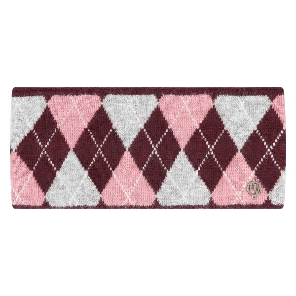 HV Polo Headband Argyle Dark Berry – warme, superzachte gebreide hoofdband met chic argyle patroon en HV Polo muntje. Perfect voor stal, winter en outdooractiviteiten.