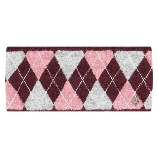 HV Polo Headband Argyle Dark Berry – warme, superzachte gebreide hoofdband met chic argyle patroon en HV Polo muntje. Perfect voor stal, winter en outdooractiviteiten.