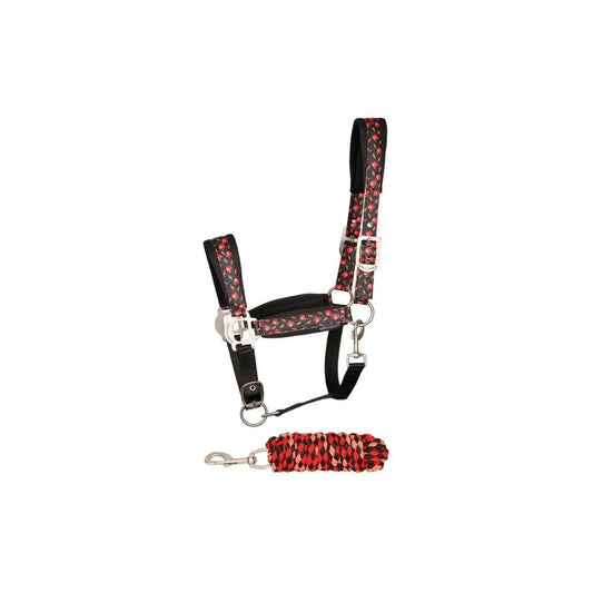 Zwarte halsterset met vrolijke worteltjesprint, neopreen voering en verstelbaar design. Inclusief bijpassend touw. Comfort en fun in één set! De halstersets zijn veerkrijgbaar bij Livin Horse Shop.