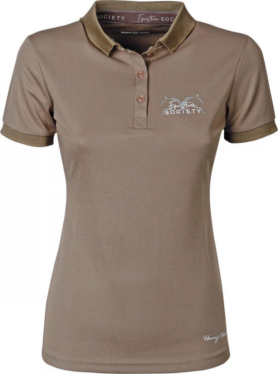 polo shirt. Ontdek het Harry’s Horse Poloshirt Cote d'Azur Fossil: ademend, licht en stijlvol. Met Equestrian Society logo, korte mouwen en knoopsluiting. Perfect voor elke ruiter.