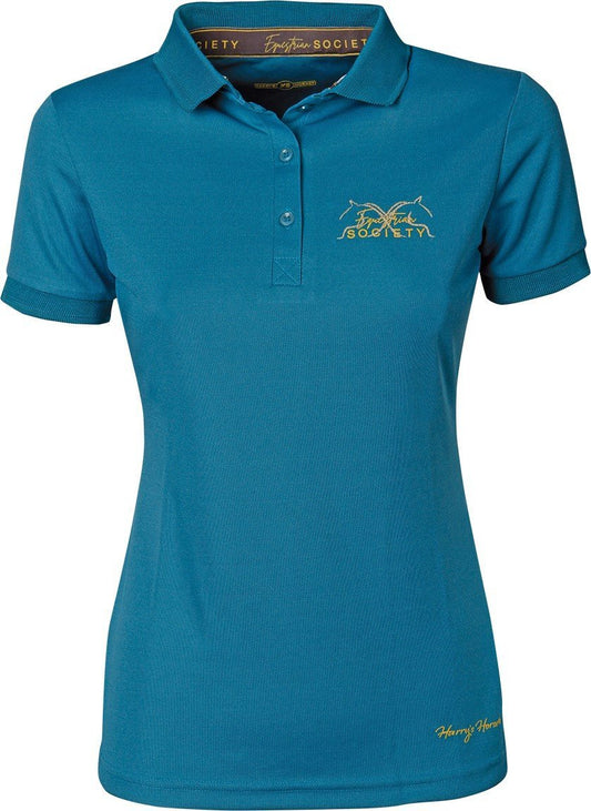 polo shirt. Harry’s Horse Poloshirt Cote d'Azur Larkspur met korte mouwen, knoopsluiting en Equestrian Society logo op de borst. 100% micropolyester voor comfort en stijl tijdens het paardrijden.