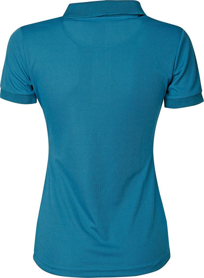 Harry’s Horse Poloshirt Cote d'Azur Larkspur met korte mouwen, knoopsluiting en Equestrian Society logo op de borst. 100% micropolyester voor comfort en stijl tijdens het paardrijden.