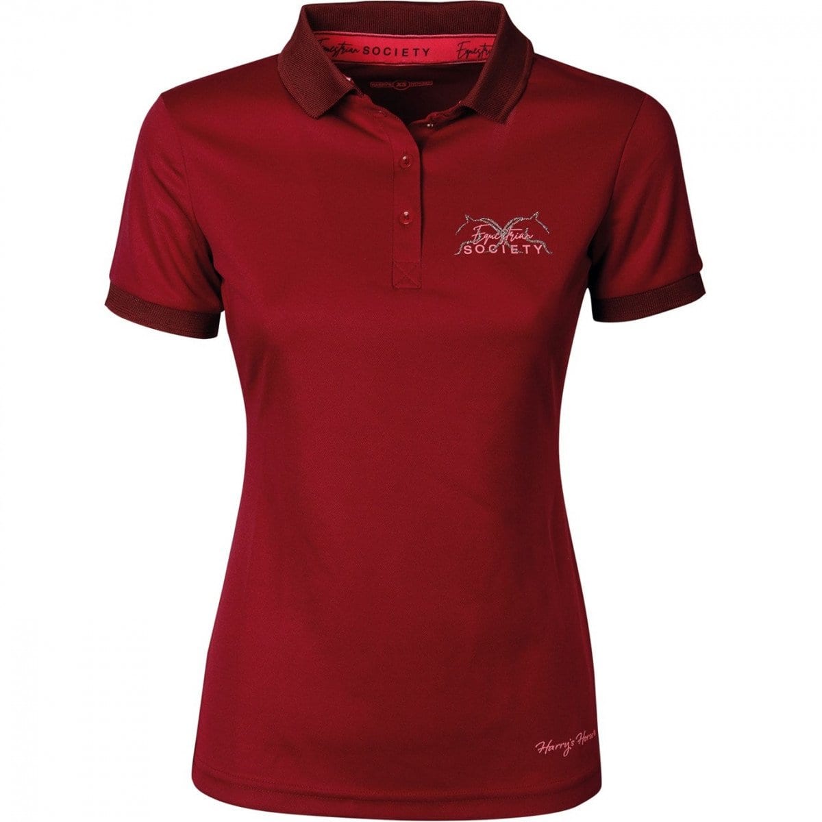 Ontdek het Harry’s Horse Poloshirt Rhododendron – korte mouw, knoopsluiting, luxe ribbon en Equestrian Society logo. Licht, ademend en 100% micropolyester. Perfect voor paardrijden.
