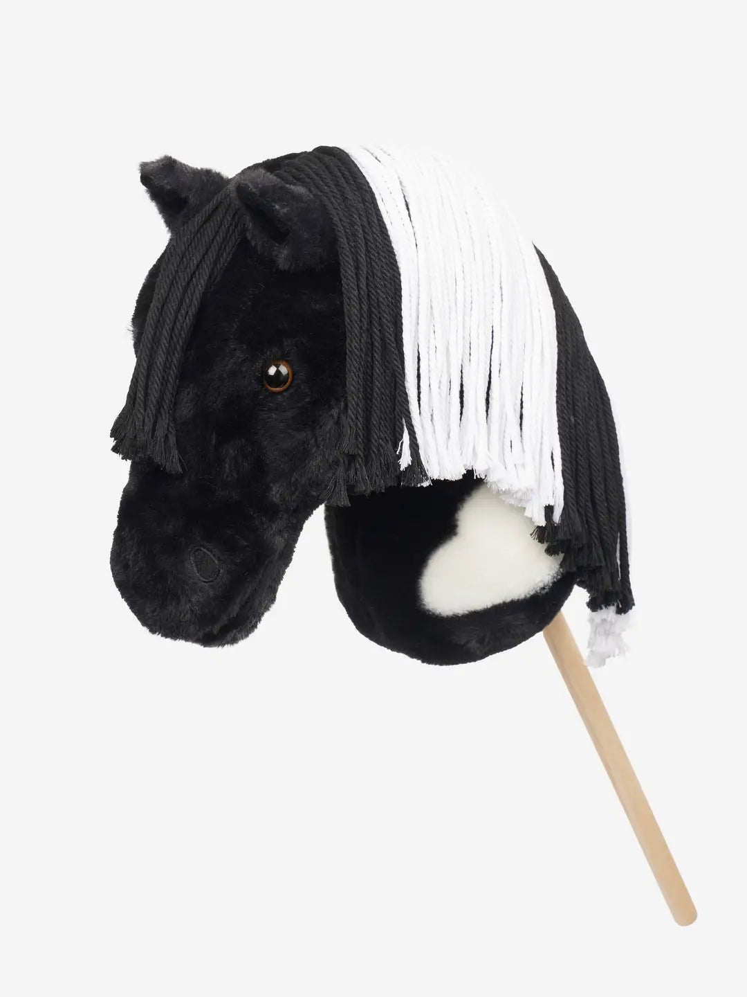 Hobby Horse Razzle: zwart-wit bonte show cob met vlechtbare manen en klittenbandmond. Vanaf 3 jaar. Nu in de aanbieding bij Livin Horse Shop!

